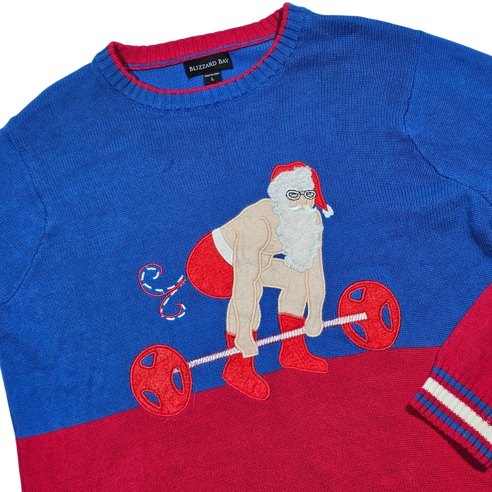 Blizzard Bay Sweater Mens L Blue Red Deadlift Buff Santa Ugly Christmas Fitness